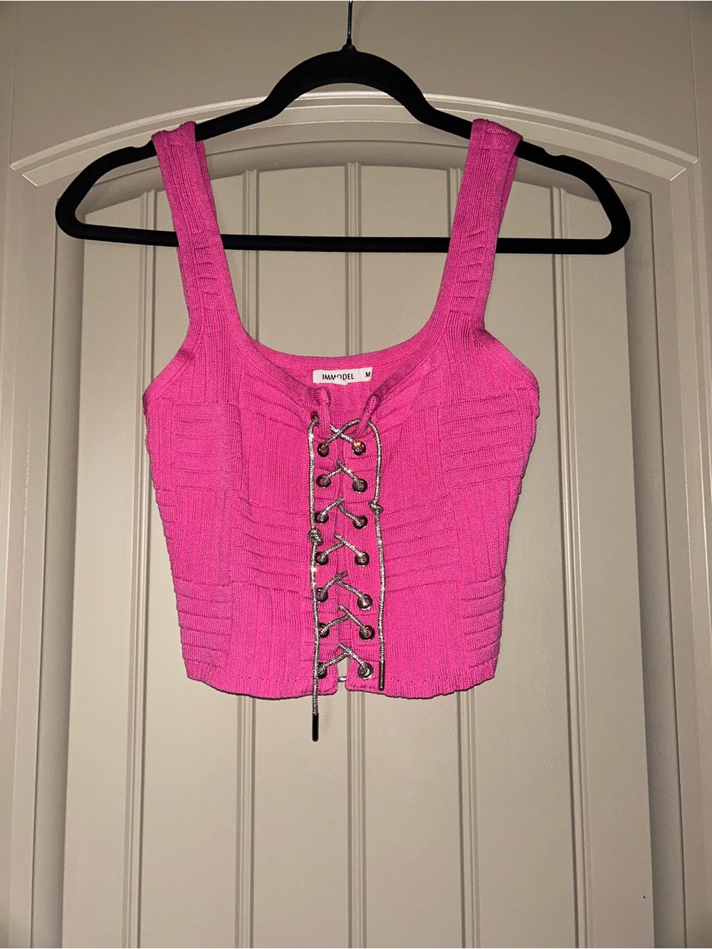 Bright Pink Lace-Up Ribbed Crop Top - MINKPINK